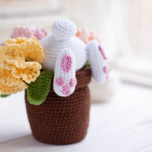 Crochet patterns amigurumi stuffed Easter Bunny in a pot of carnations US terms, Spanish, Portuguese  PDF / Instant Download tutorial