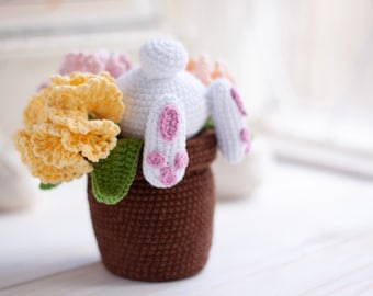 Crochet patterns amigurumi stuffed Easter Bunny in a pot of carnations US terms, Spanish, Portuguese  PDF / Instant Download tutorial