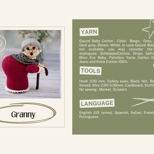 May include: A crocheted granny doll with a red dress, grey shawl, and grey hat. The doll is holding a brown walking stick. The doll is a pincushion with pins sticking out of its back. The text "Granny" is written below the doll.