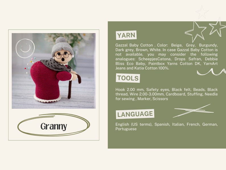May include: A crocheted granny doll with a red dress, grey shawl, and grey hat. The doll is holding a brown walking stick. The doll is a pincushion with pins sticking out of its back. The text "Granny" is written below the doll.