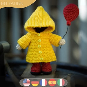 Amigurumi Raincoat Doll Crochet Pattern with Balloon | Cute Horror-Inspired Doll PDF Pattern | Halloween Crochet Doll Tutorial Multilingual