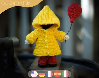 Amigurumi Raincoat Doll Crochet Pattern with Balloon | Cute Horror-Inspired Doll PDF Pattern | Halloween Crochet Doll Tutorial Multilingual