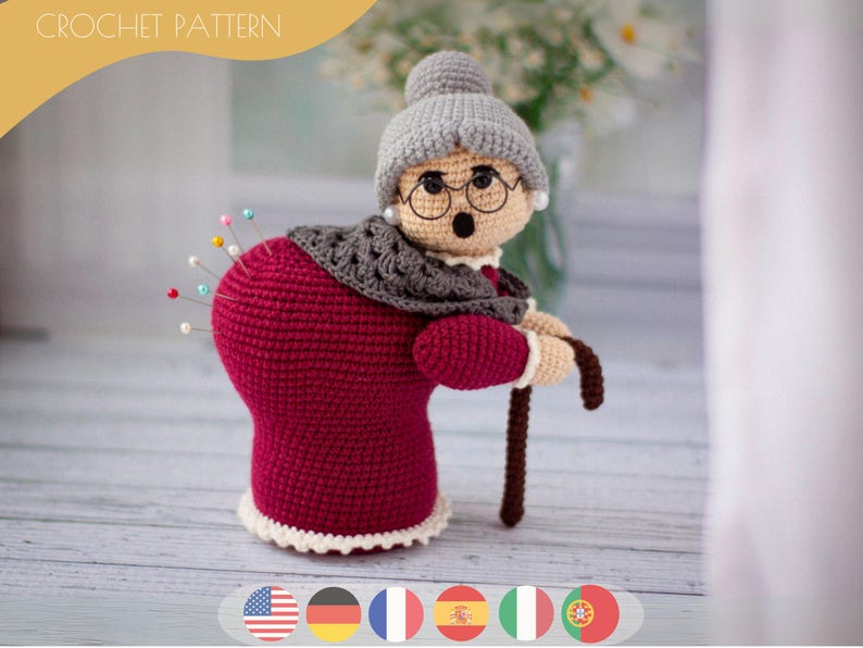 Granny/Grandma Crochet Pattern Amigurumi Pin Cushion En, Es, It, Fr, Pt, De - DIY Crochet Project for Home Decor / Instant Download image 1