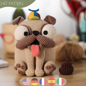 Häkelanleitung niedlicher frecher Mops mit Bonus Poop Surprise - DIY Amigurumi Toy Tutorial / Instant Download