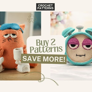 Puede incluir: Dos juguetes amigurumi de crochet: un gato naranja somnoliento sosteniendo una taza y un despertador azul con una cara gruñona. El texto "Buy 2 Patterns SAVE MORE!" se muestra sobre un fondo blanco.