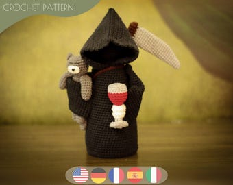 Amigurumi Crochet Pattern Death, Cats and Wine DIY Halloween decor / Instant Download