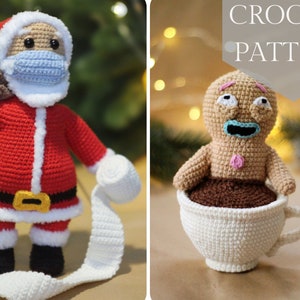 May include: Crochet pattern for a gingerbread man in a cup of hot chocolate. The gingerbread man is wearing a blue and white face mask. The pattern is called "CROCHET PATTERN".