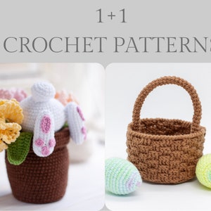 Crochet patterns amigurumi stuffed Easter bunny in a pot of carnations/ Easter basket with eggs PDF / Instant Download tutorial