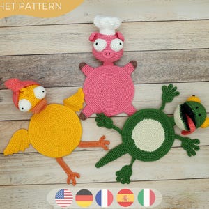 Lustige Tier gehäkelte Untersetzer-Muster-Set - Amigurumi Flache Untersetzer PDF für Schwein-Koch, Ente und Eidechse - Spaß-Küchen-Dekor-Häkel-Geschenkidee