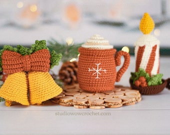 Amigurumi crochet patterns Christmas decorations, festive bells, candle, and cup for cozy holiday crafting PDF / Instant Download tutorial