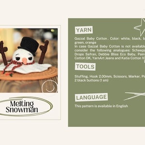 May include: Melting Snowman crochet pattern with instructions for yarn, tools, and language. The pattern includes a picture of a crocheted snowman melting on a brown surface.