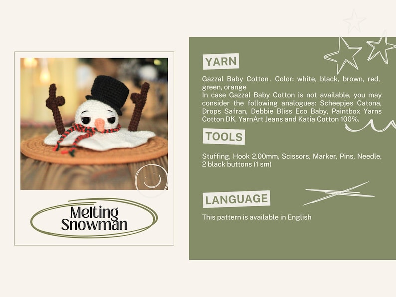 May include: Melting Snowman crochet pattern with instructions for yarn, tools, and language. The pattern includes a picture of a crocheted snowman melting on a brown surface.