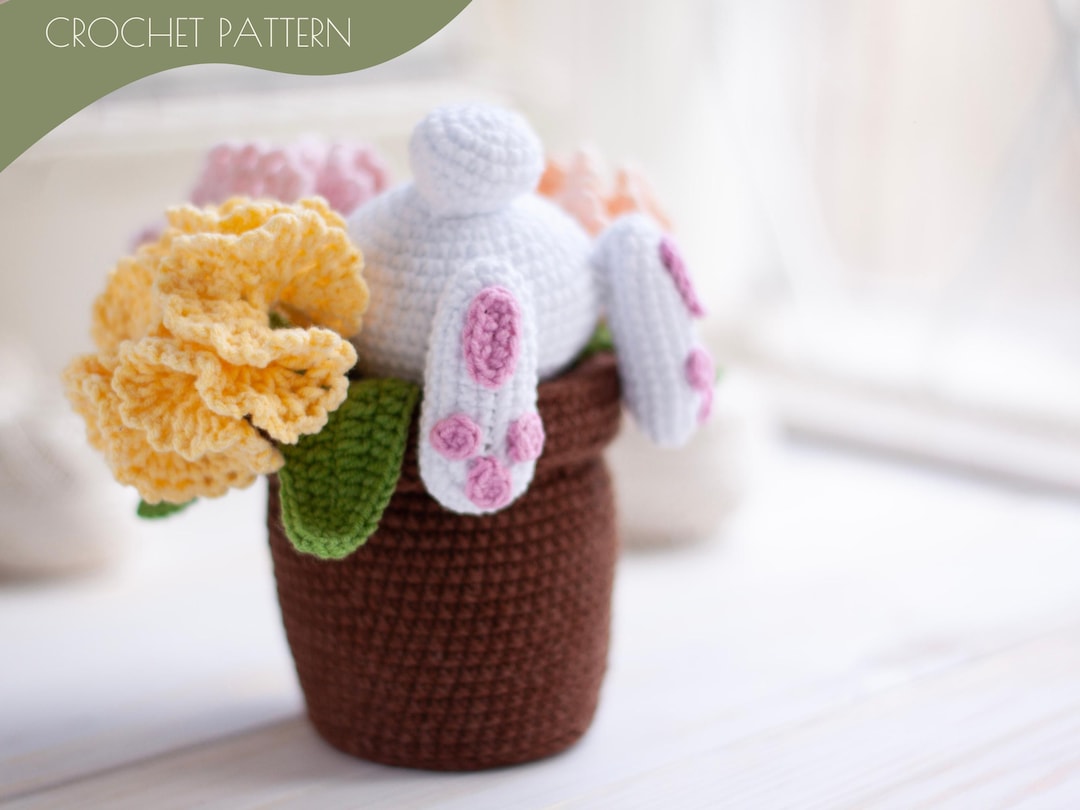 Crochet Patterns Amigurumi Stuffed Easter Bunny in a Pot of Carnations US Terms, Spanish, Portuguese PDF / Instant Download Tutorial