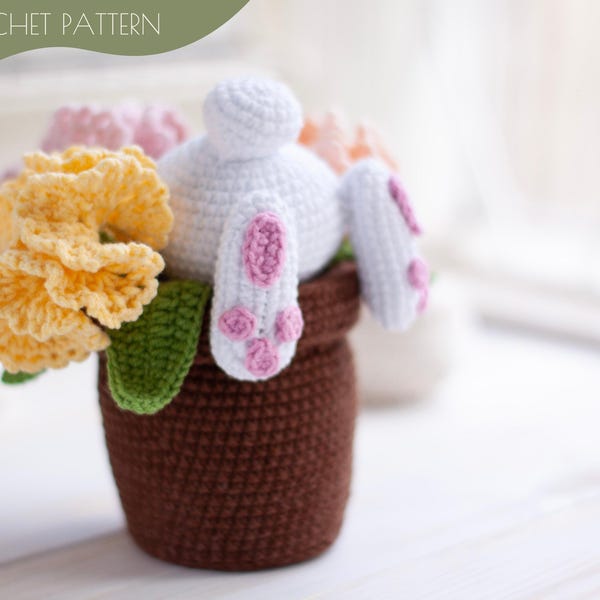 Crochet patterns amigurumi stuffed Easter Bunny in a pot of carnations US terms, Spanish, Portuguese  PDF / Instant Download tutorial