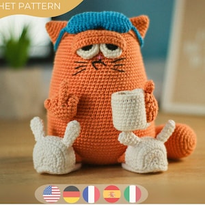 Crochet Pattern Sleepy Morning Cat with Coffee - Cozy Morning Ritual En, Fr, Es, De, It / Instant Download