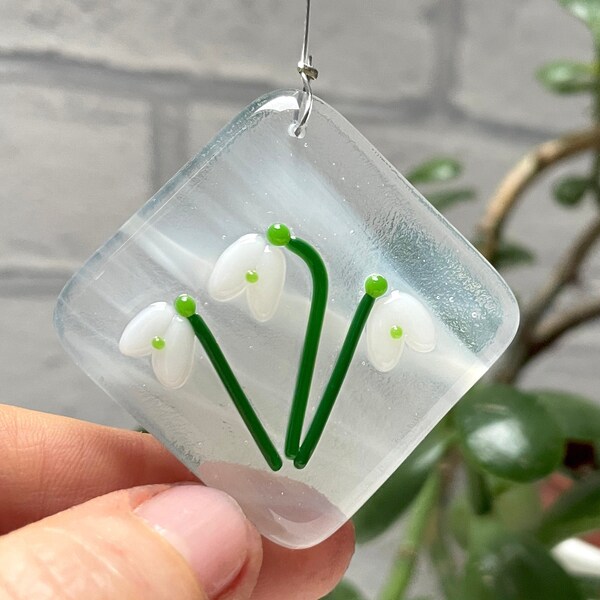 Fused Glass Snowdrop Flower Keepsake, handmade glass artwork, window hanging decoration, car mirror ornament