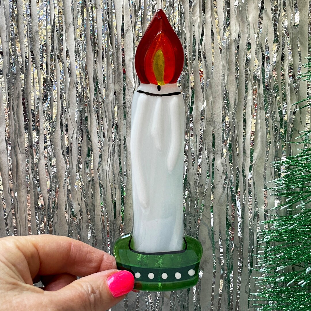 Fused Glass Candle, Christmas Tree Decoration, Window Hanging, Stocking