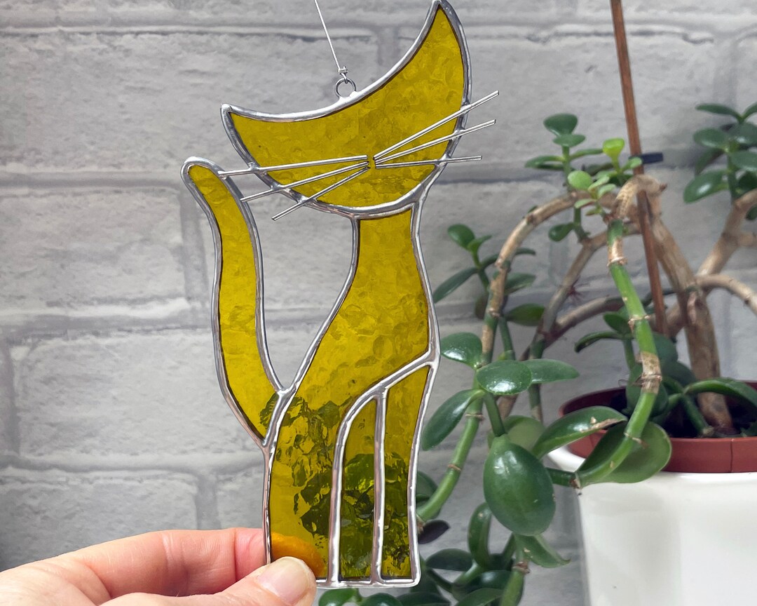 Handmade Stained Glass Cat Suncatcher: Yellow Window Decoration (6-inch ...