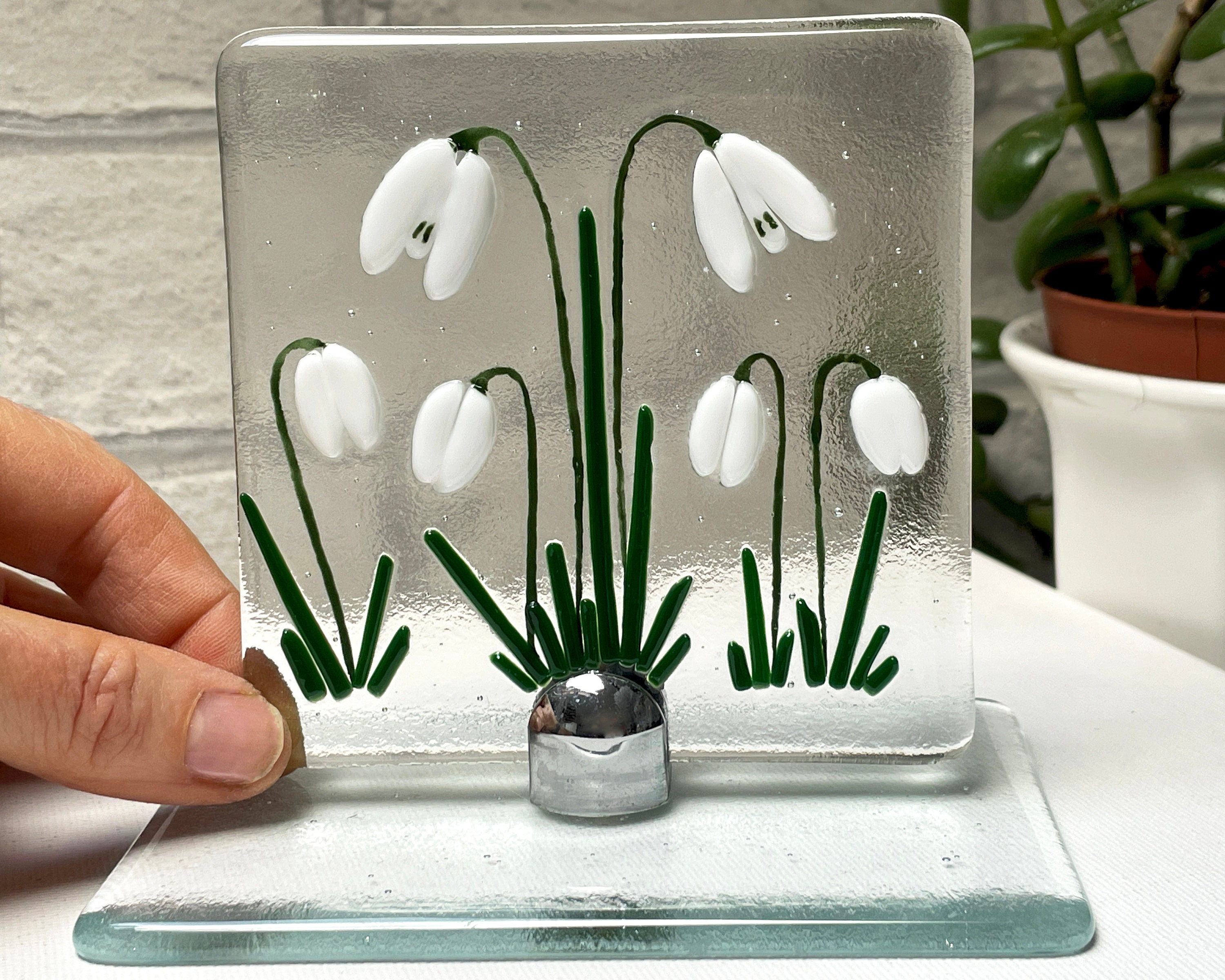 Handmade Fused Glass Snowdrop Suncatcher: Floral Panel Art