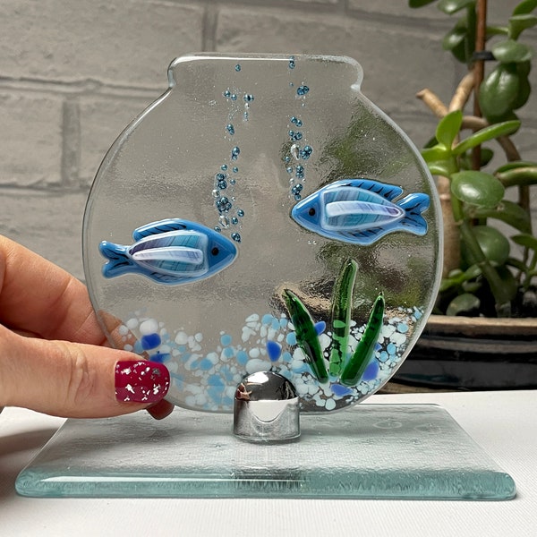 Fused Glass Fish Bowl Suncatcher in Stand-Up Mount, handmade glass artwork