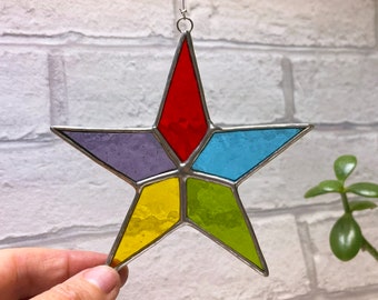 Stained Glass Star Suncatcher, five-pointed, rainbow/multicoloured, Christmas ornament, holiday decoration, handmade glass art