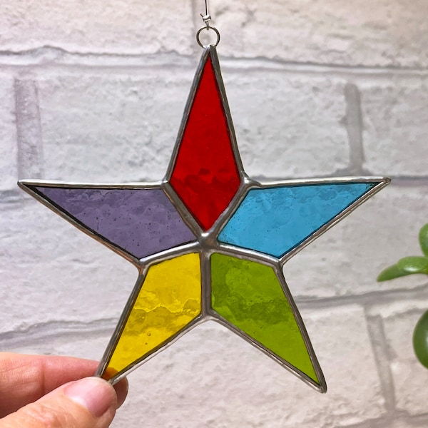 Stained Glass Star Suncatcher, five-pointed, rainbow/multicoloured, Christmas ornament, holiday decoration, handmade glass art