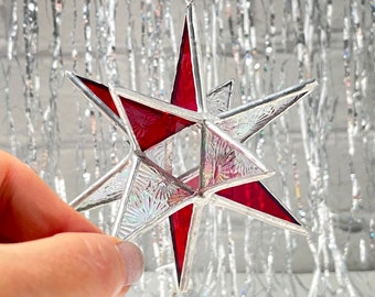 Stained Glass Star Suncatcher, twelve-pointed, red/clear iridescent, Christmas ornament, holiday decoration, handmade glass art