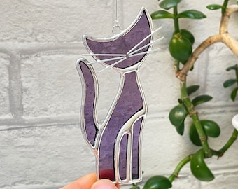 Stained Glass Cat Suncatcher, 3.5-inch tall, window hanging decoration, handmade glass art, gift for cat lover