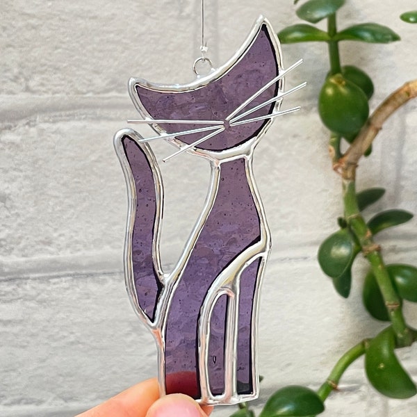 Stained Glass Cat Suncatcher, 3.5-inch tall, window hanging decoration, handmade glass art, gift for cat lover