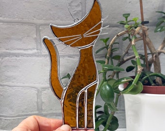 Stained Glass Cat Suncatcher, 6-inch tall, hanging decoration, handmade glass art, gift for cat lover