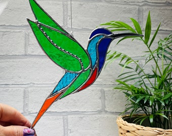 Stained Glass Hummingbird, Handmade Glass Art, Window Hanging Ornament