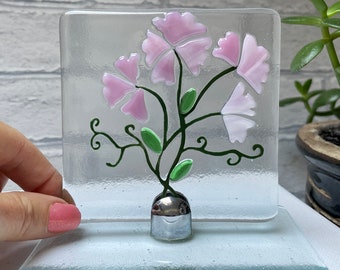 Handmade Fused Glass Sweet Pea Suncatcher: Pink Floral Panel