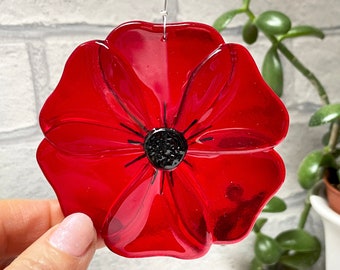 Fused Glass Poppy Suncatcher, handmade glass artwork, window hanging decoration