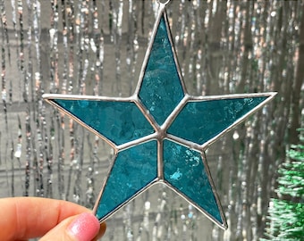 Stained Glass Star Suncatcher, five-pointed, light blue, Christmas ornament, holiday decoration, handmade glass art