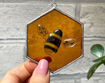 Stained Glass Honeycomb with Bee, window hanging decoration, handmade glass art