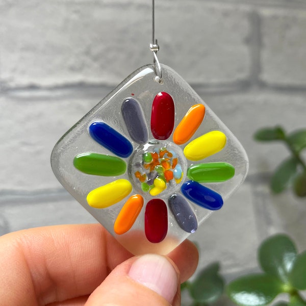 Fused Glass Rainbow Flower Keepsake, handmade glass artwork, hanging decoration, gift for her
