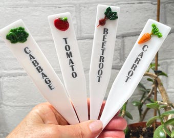 May include: Four white plant markers with different vegetable names and images. The markers are labelled "Cabbage", "Tomato", "Beetroot", and "Carrot".
