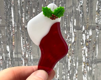 Fused Glass Stocking with Holly, Christmas Tree Decoration, Christmas Decoration, Xmas Ornament