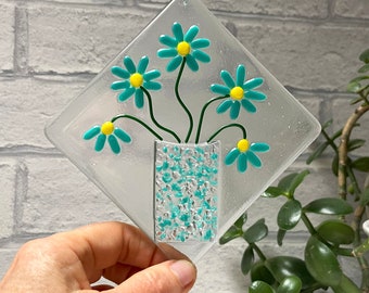 Fused Glass Flowers and Vase, 4-inch square window hanging decoration, handmade glass artwork