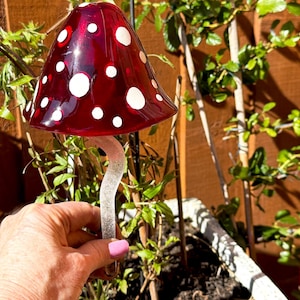 Handcrafted Glass Mushroom Artwork for Plant Pots and Gardens, 8 inches tall
