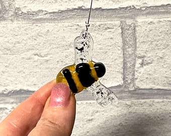 Fused Glass Bee Suncatcher, life-size, handmade glass art, window hanging decoration