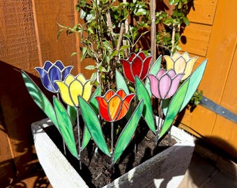 Handmade Glass Tulip, Stained Glass Artwork, Flower Gift for Gardens, Borders and Plants Pots