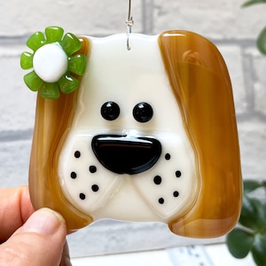 Glass Dog Ornament, Brown and White with a Green Flower, Fused Glass Dog, Handmade Hanging Decoration, Gift for Dog Lover, Memorial Gift