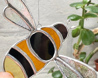 Stained Glass Bee Suncatcher, 4-inch wingspan, iridescent window hanging decoration, handmade glass art