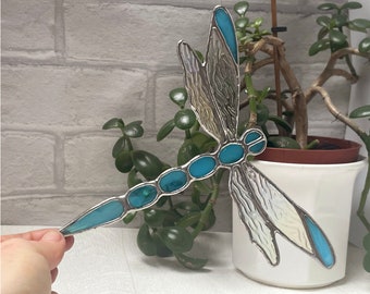 Stained Glass Dragonfly Suncatcher, 7-inch wingspan, turquoise iridescent window hanging decoration, handmade glass art