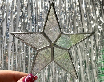 Stained Glass Star Suncatcher, five-pointed, clear, iridescent, Christmas ornament, holiday decoration, handmade glass art