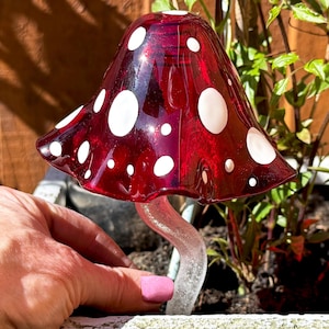 Handcrafted Glass Mushroom Artwork for Plant Pots and Gardens, 8 inches tall