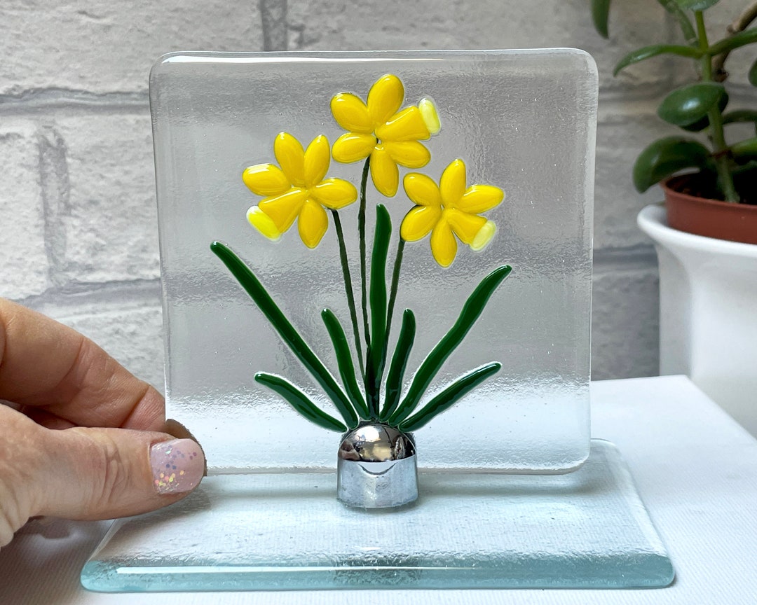 Fused Glass Daffodil Panel in Standup Mount, Handmade Glass Artwork Etsy