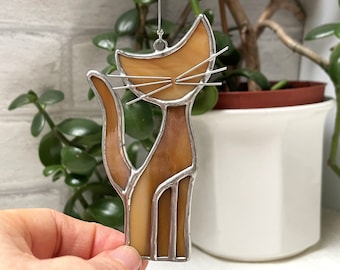 Stained Glass Cat Suncatcher, 3.5-inch tall, window hanging decoration, handmade glass art, gift for cat lover