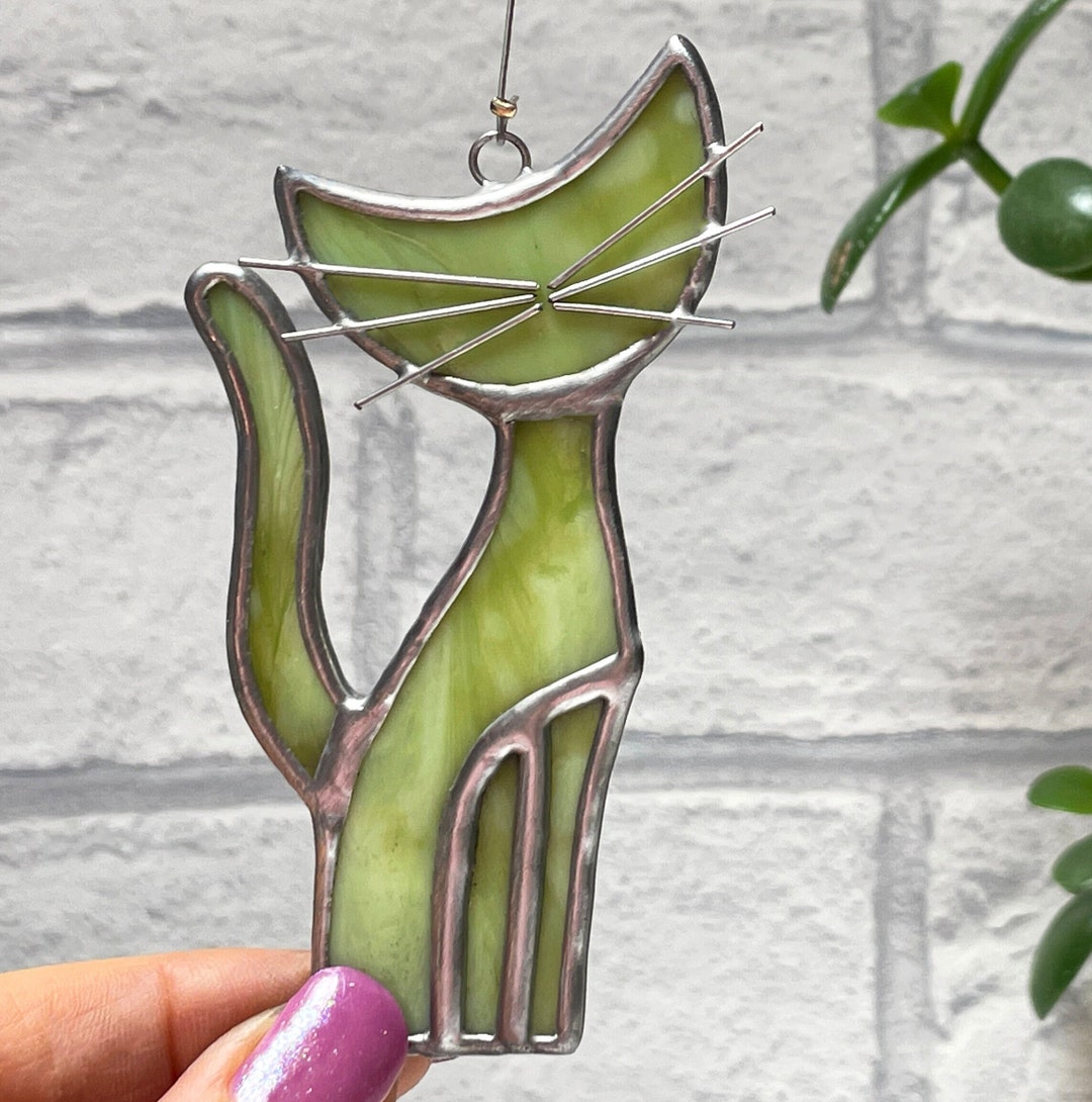 Stained Glass Cat Suncatcher, 3.5" Window Hanging Ornament, Handmade ...